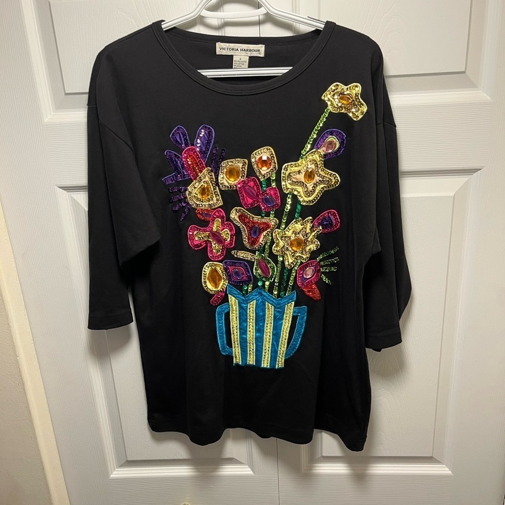 Victoria Harbour Black Sweater with Colorful Floral Design